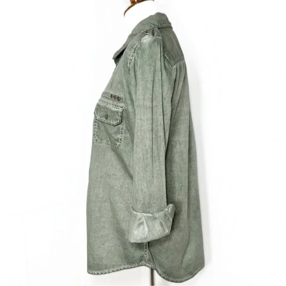 Rails Studded Distressed Green Snap Button Long Sleeve Utility Shacket Shirt - Picture 4 of 10